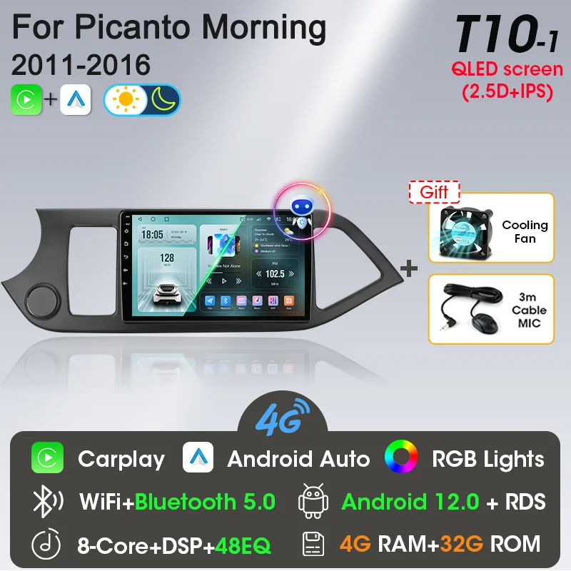 2 Din Android 12 Autoradio Carplay voor KIA PICANTO Ochtend 2 2011 2012 2013 2014 2015 2016 Multimedia Speler navigatie DVD Hoofd