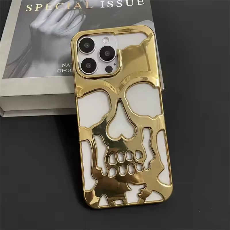 HOCE 3D Hollow Skull Callus Plated Phone Case for IPhone 16 15 14 Plus 13 12 11 Pro Max Shockproof Cool Grimace Soft PC Cover