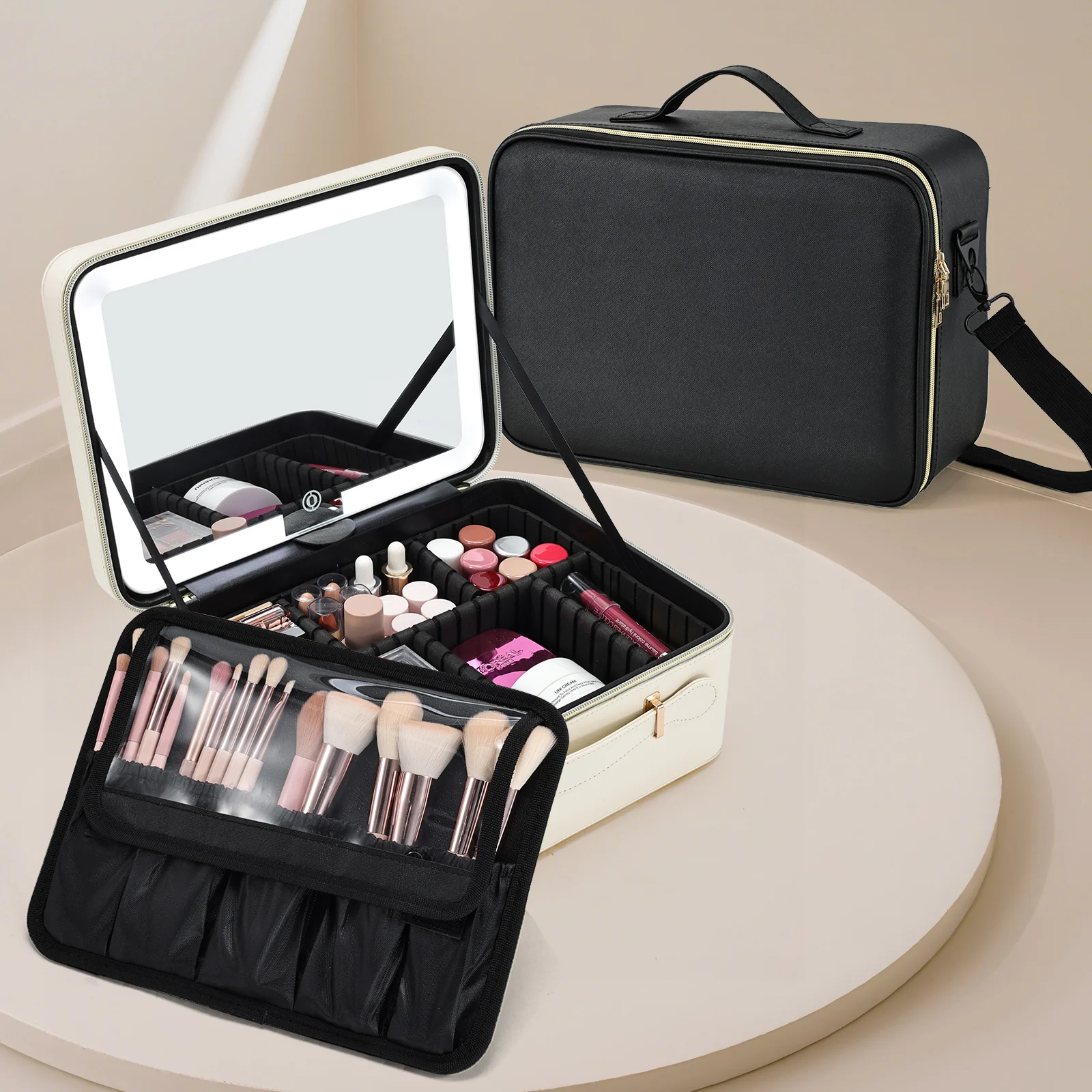 

Makeup Bag with Mirror 3 Modes LED Beauty Case Portable Cosmetic Bag Makeup Suitcase with Adjustment Dividers &Shoulder Strap