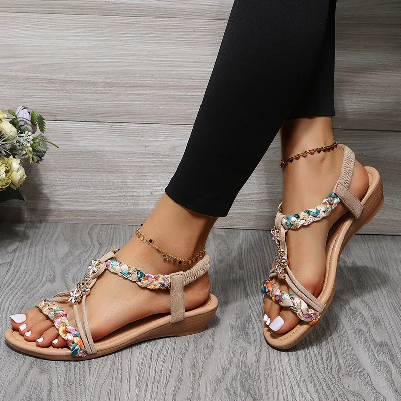 Women Wedges Bohemian Sandals Summer 2023 New In Open Toe Beach Shoes with Low Heels Sandal Lady Casual Sandalias Mujer Verano