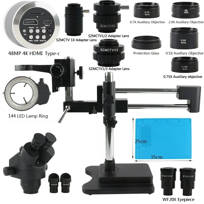 7X45X Stereo Industrial PCB Soldering Repair Trinocular Microscope 55MP 48MP 4K hdm USB Video came Double Boom Arm Base Stand