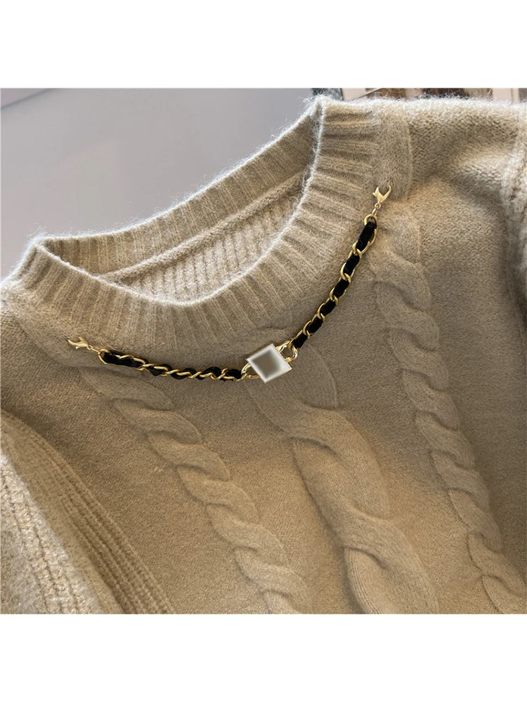 Autumn Winter Women Vintage Cropped Sweater Long Sleeve Korean Solid Color Knitwear 2000s Aesthetic O-Neck Pullovers Solid Color