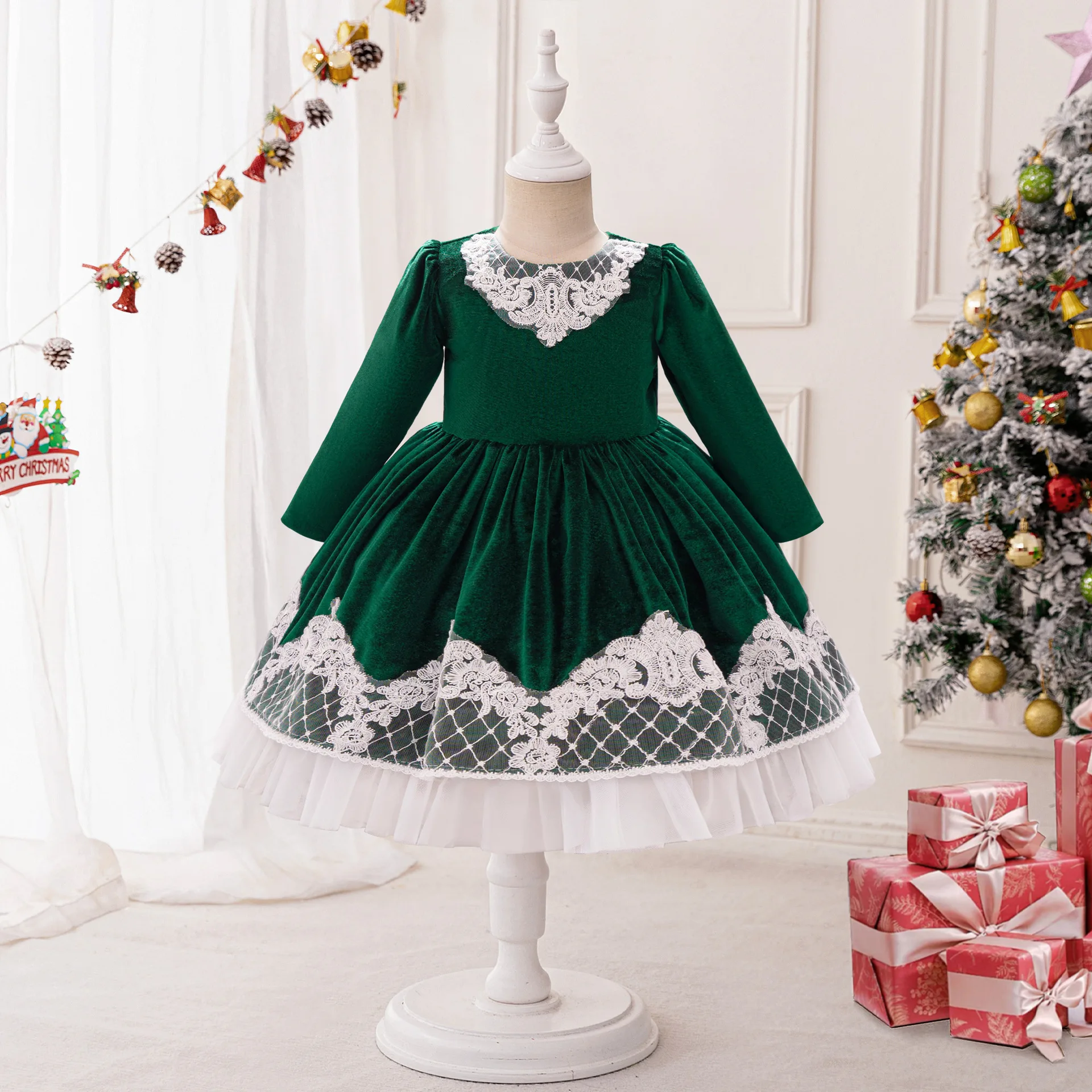 

Children'S Gowns Princess Dresses Infants Christmas Party Tutu Elegant Girl Dresses Lace Long Sleeve Fleece Kids Prom Costume