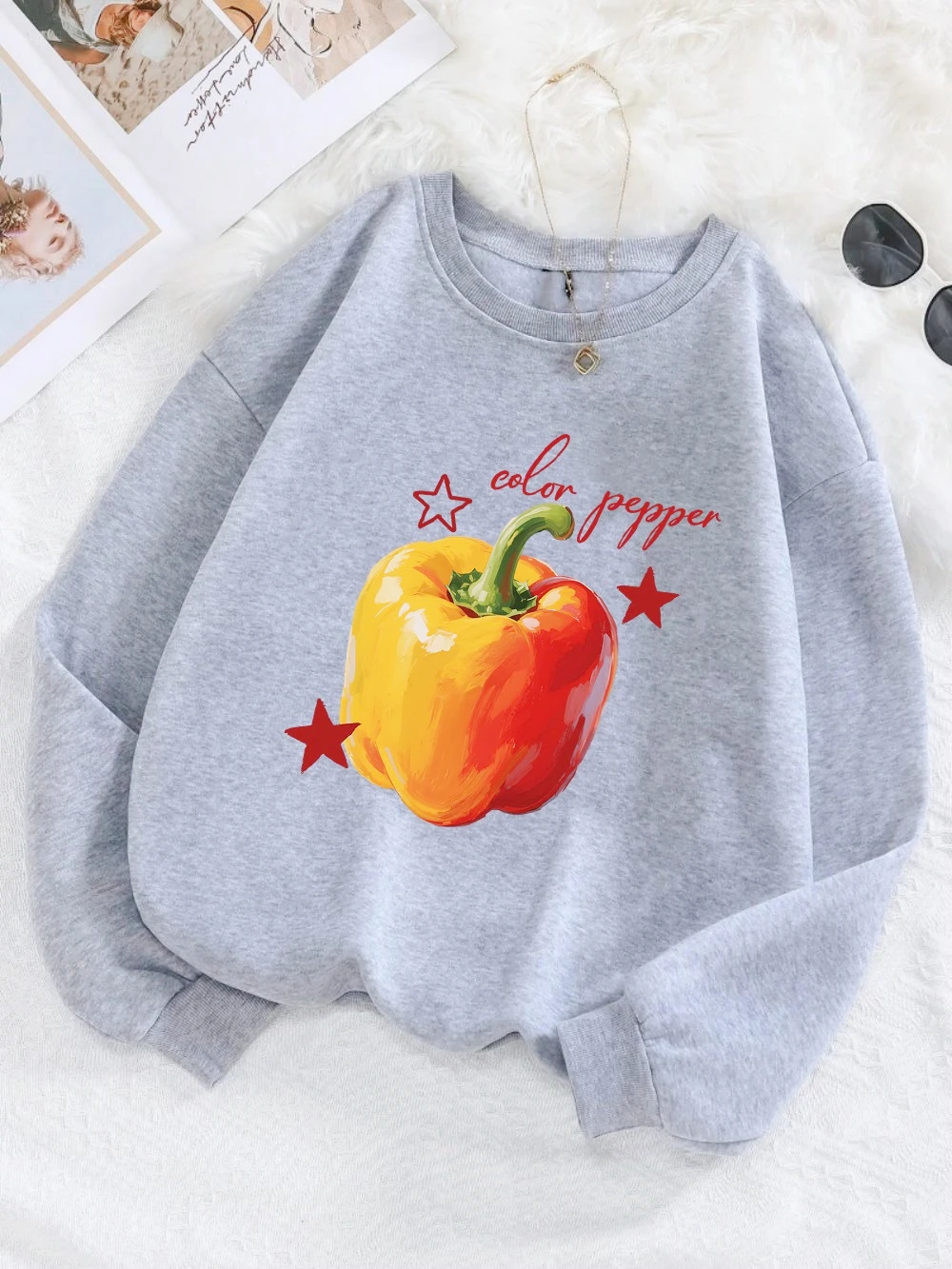 신선한 컬러 페퍼 프린팅 탑 여성 루즈 오버사이즈 옷 O넥 편안한 스웨트셔츠 가을 겨울 이너웨어
