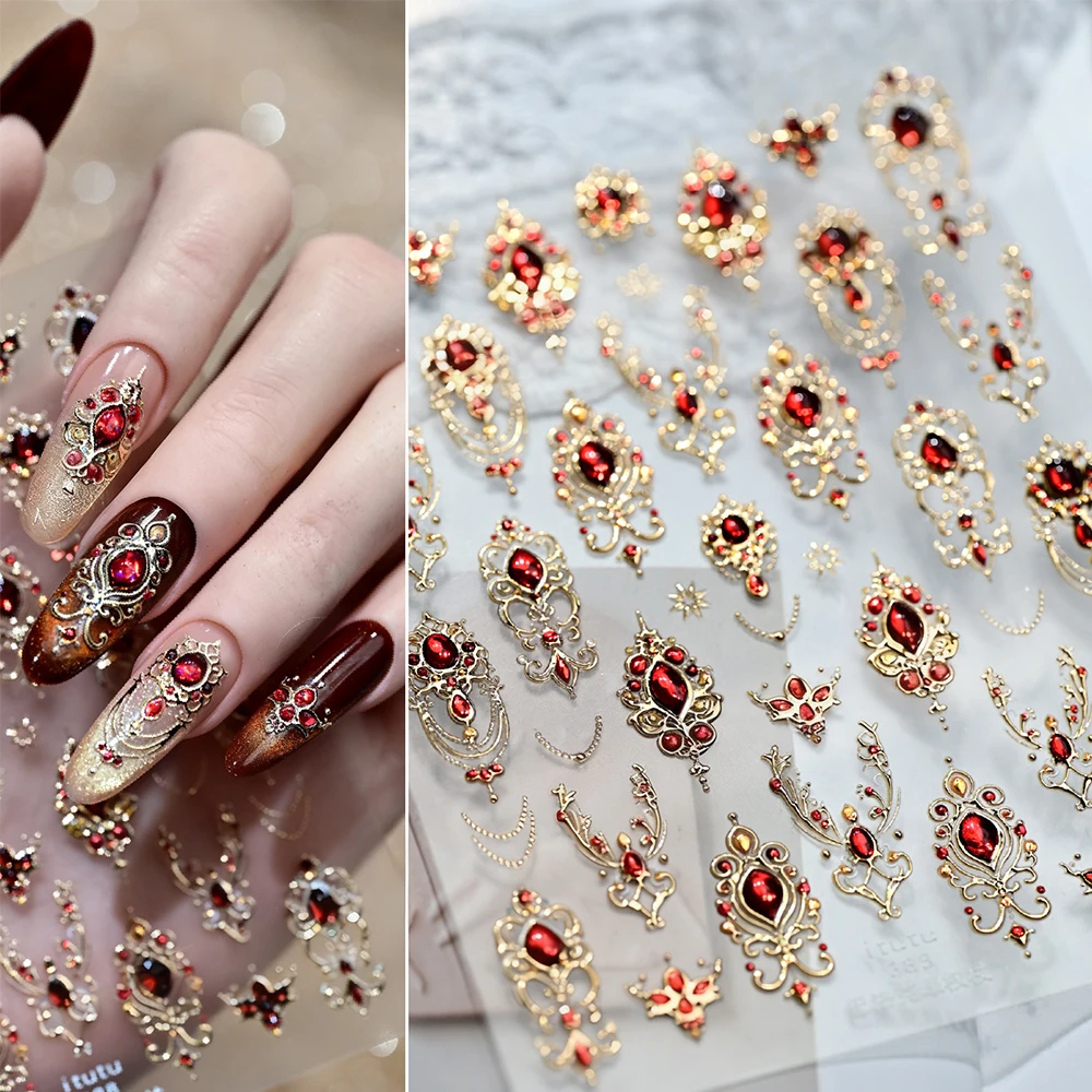 5D バロック様式の笏型レッドジェムストーンネイルステッカー、豪華なゴールドエレガントネックレスフレームデカール、自己粘着ネイルデコレーションステッカー