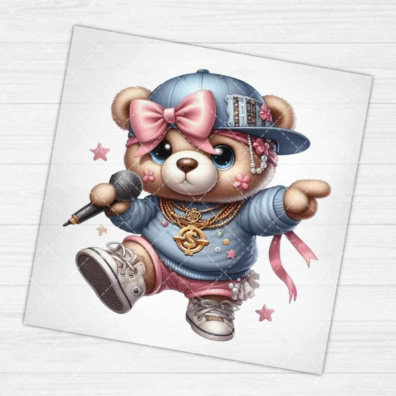 

6cm/10cm/15cm Hip hop Teddy bear Iron On Heat Transfer Stickers For Clothes DTF Pinted Vinyl Thermal Appliques Washable T-Shirt