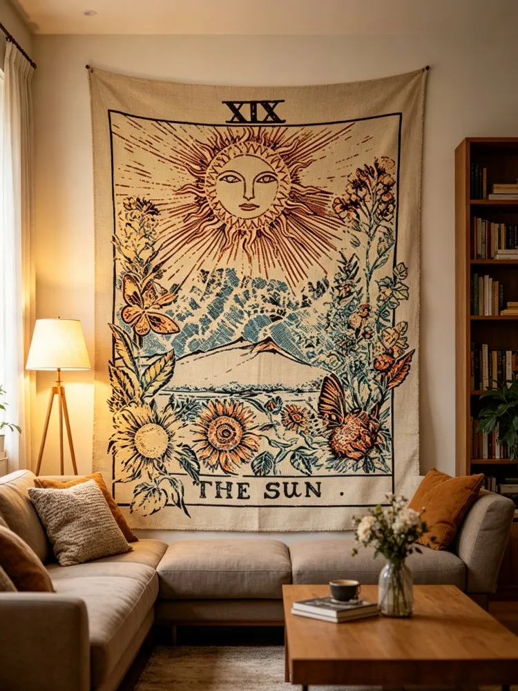 Der Sonnen-Tarot-Karten-Wandteppich, Vintage Line-Art-Wandbehang, Ästhetische Hexen-Dekoration für Wohnzimmer und Schlafzimmer