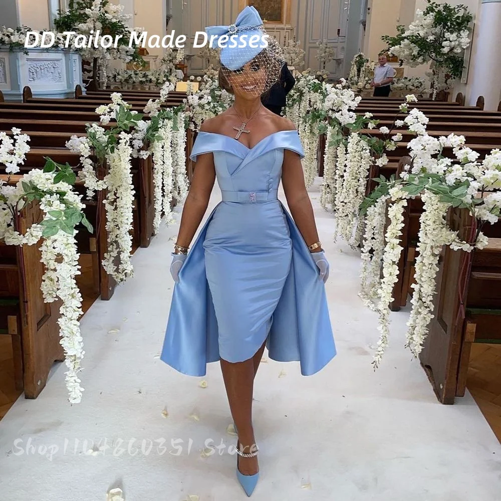 

Elegant Mother Of The Bride Dresses Sheath Knee Length Off Shoulder Light Sky Blue Wedding Guest Gowns Prom Party Customized