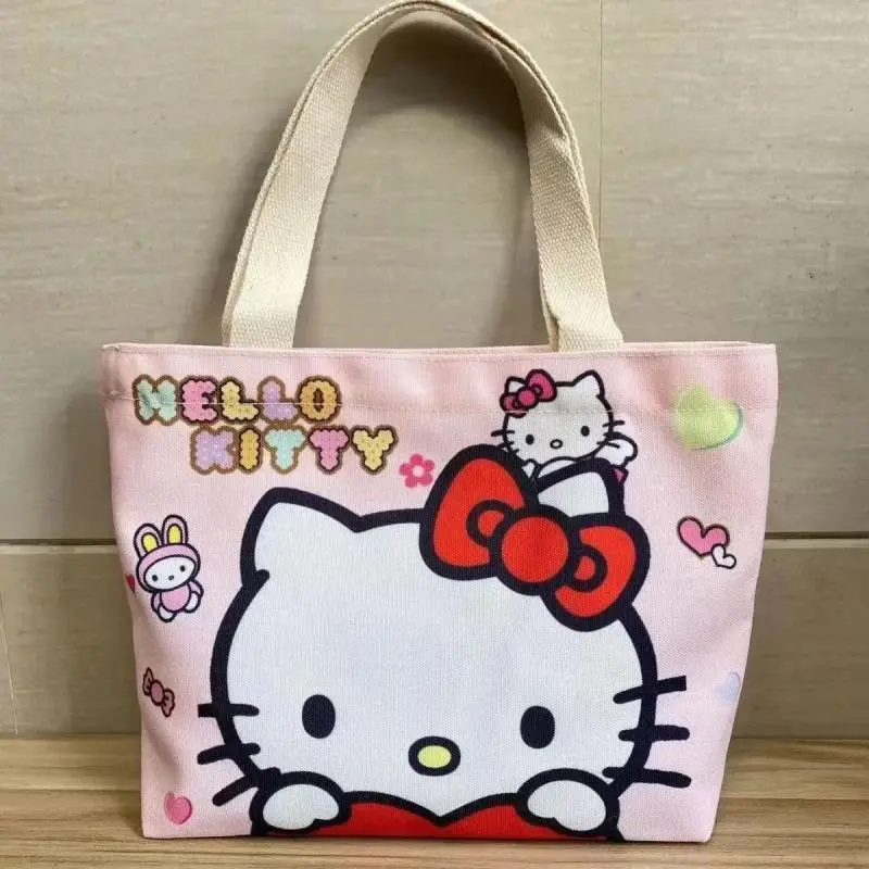 

Холщовая Сумка Hello Kitty с аниме Sanrio для милых девушек, двухсторонняя вместительная сумка с узором, женская сумка для покупок, праздничный Забавный подарок