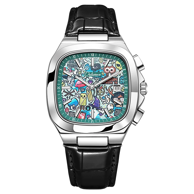 

DULUNWE Квадратные автоматические механические мужские часы, ремешок из натуральной кожи, светящаяся отделка, деловые мужские часы люксового бренда, новинка