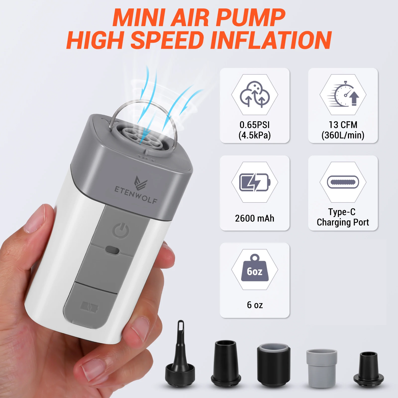 ETENWOLF AIR 2 Air Pump for Inflatables 2600 mAh 2X Faster Inflation & Deflation Electric Air Pump Air Mattress Sleeping Pads