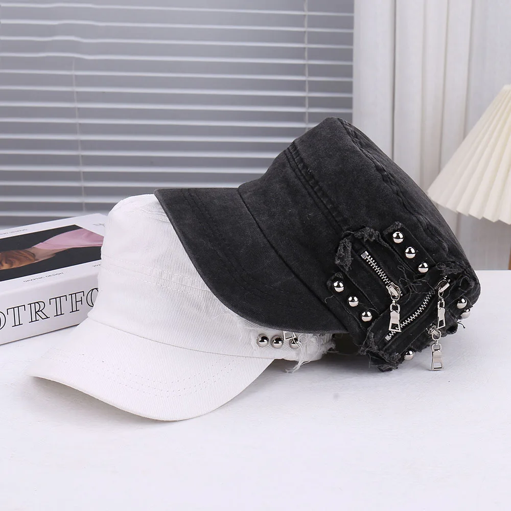 Personalized Rivet Zipper Design Flat-top Baseball Cap Y2K Spring Summer Women Travel Sun Protection Versatile Retro Newsboy Hat