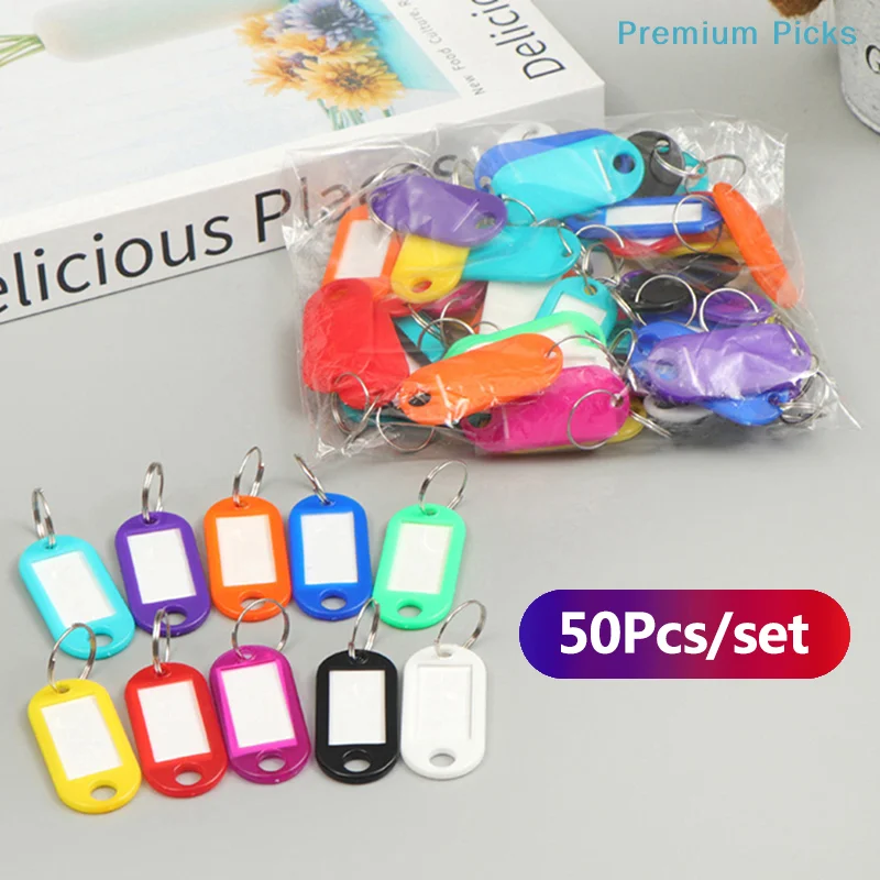 portable50Pcs Colorful Keychain Key Tag Label ID Name Room Address TEL Number Marker Key Tag Baggage Tag With Split Ring