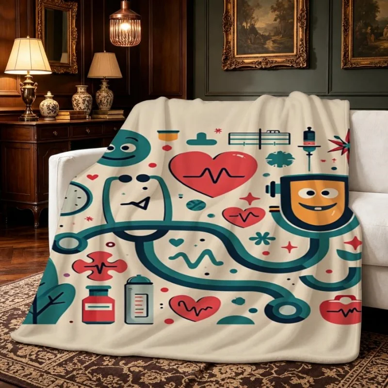 Medical Nurse Doctor Stethoscope Heart Cartoon Flannel Throw Blanket, Healthcare Worker Appreciation Blanket for Nurse Gift