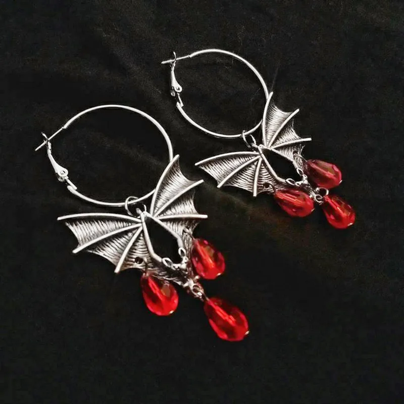 Halloween Gothic Earrings For Women Exaggerate Red Vampire Bat Demon Slayer Blood Glass Crystal Water Droplets Fashion Jewelry