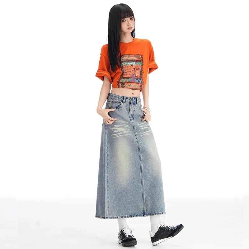 Falda vaquera midi holgada de cintura alta para mujer con bordado, estilo cowboy con abertura en A para verano y primavera