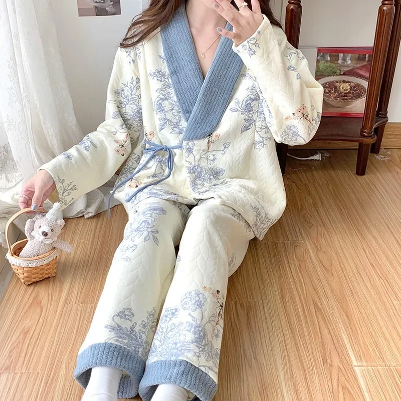 Air Cotton Female Nursing Clothes Autumn Winter Postpartum Nursing Two-piece Cotton Women Pajamas Spring V-neck Warm Homewear