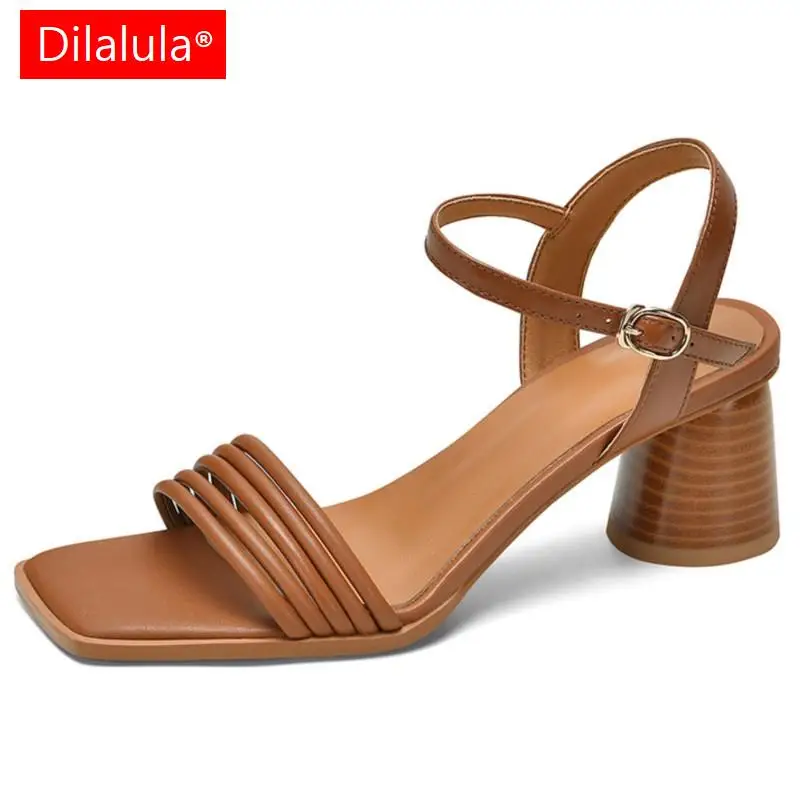 Dilalula Women Sandals Vintage Fashion Narrow Band Pumps Genuine Leather Thick High Heels Shoes Woman Summer Office Ladies