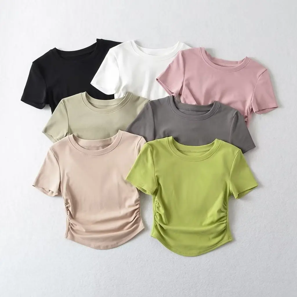 

Trendy Women's High Waist T-Shirt Summer New European American Style Crewneck Pleated Short Sleeve Curved Hem Base Shirt