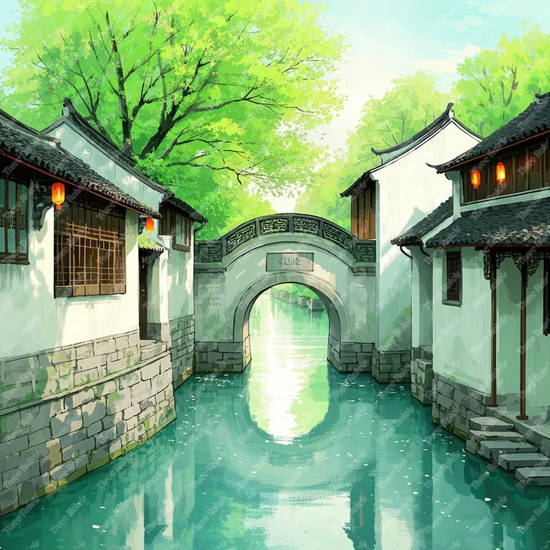 Three Ratels Chinese Classic Watercolor Ancient Town art wall sticker for home Decoration