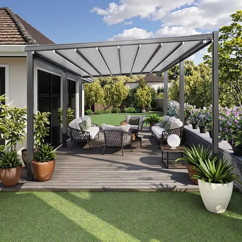 Amas Retractable Roof Pergola with PVC Folding Canopy for Restaurants Villas Balconies Terraces Aluminum Alloy Frame