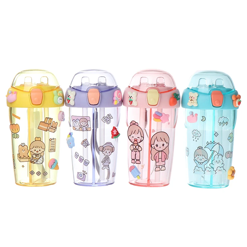 

430ml Cute Children Double Drinking Water Bottle Straw Portable Bottle Student Couple Plastic Cup Gift For Friend