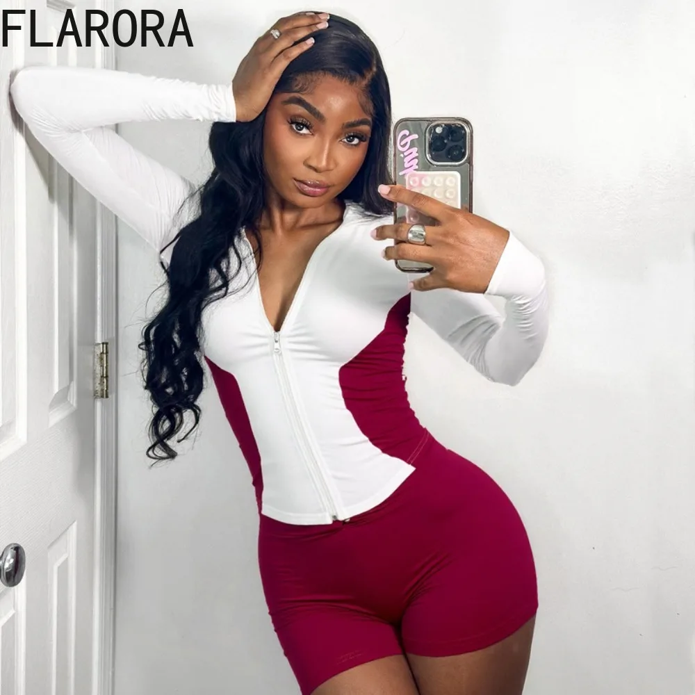 

FLARORA Fashion Contrast Patchwork 2 Pcs Sets Woman Stand Collar Zip Long Sleeve Slim Jackets And Kink Shorts Street Tracksuits