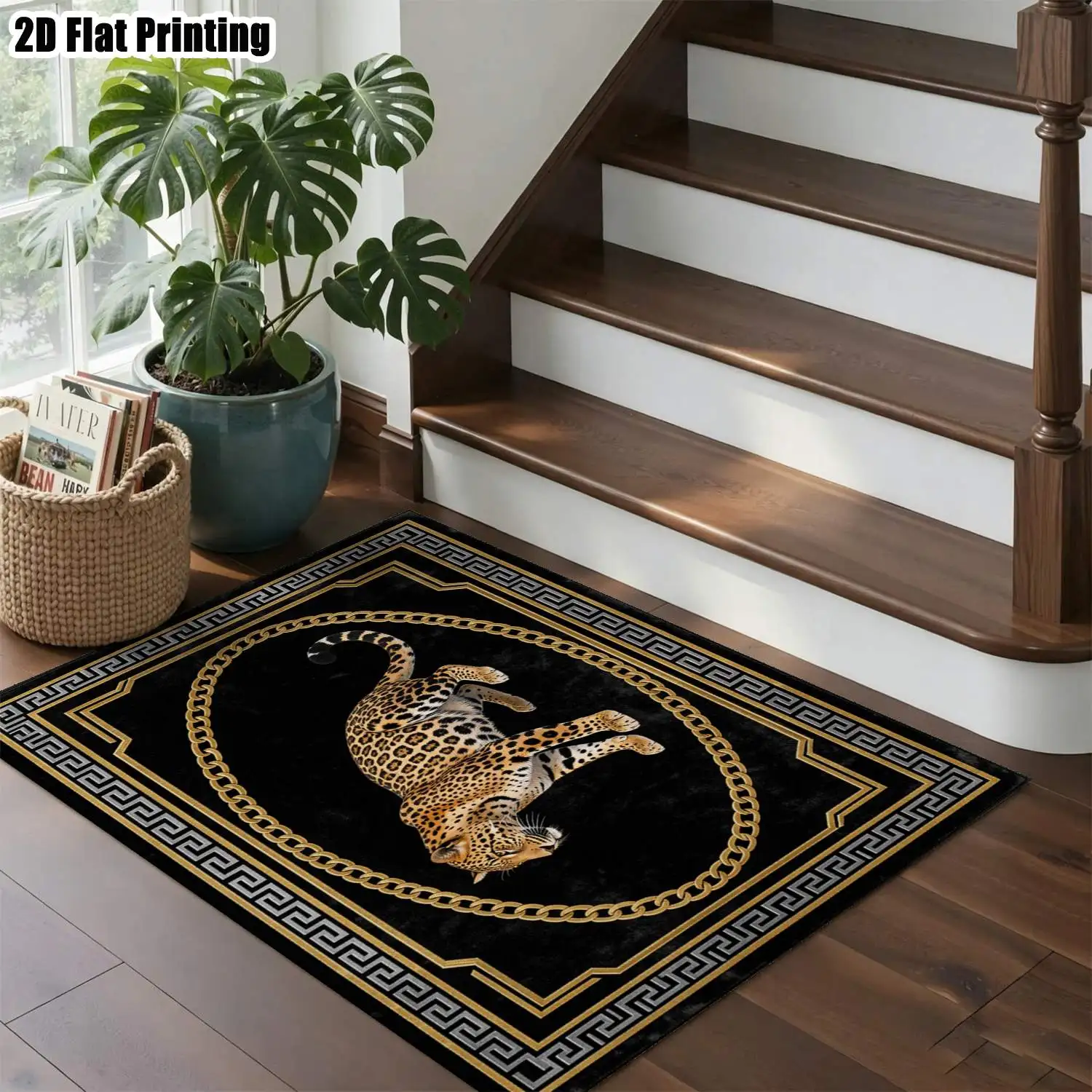 1Pc 2D Printed Black & Gold Geometric Leopard Carpet, European Vintage Modern Minimalist Home Decor Rug, Multi-Size, Machine Washable, Ideal for Entrance, Dining Room, Foyer, Bedroom, Living Room