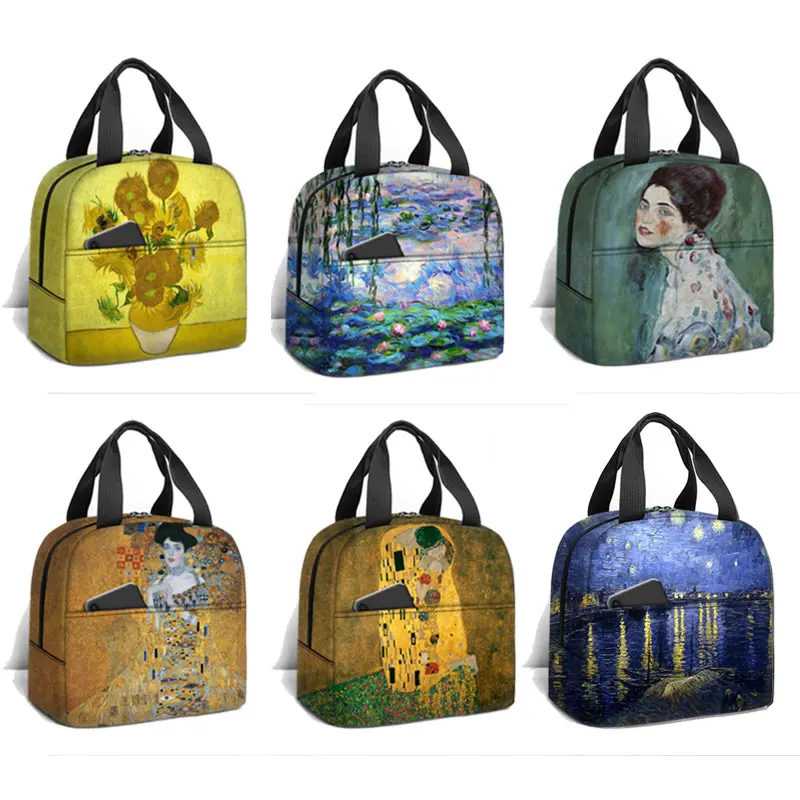 Oil Painting By Claude Monet Print Lunch Bag Kiss By Gustav Klimt Picnic Bags Van Gogh Starry Night Lunch Box Food Storage Bags