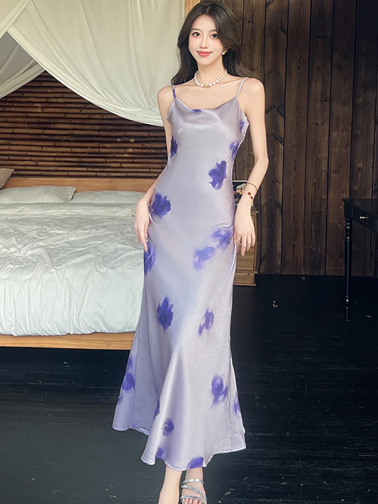 Verano púrpura satén Floral Sling Sexy vestido largo mujeres elegante Casual vestido para casa 2025 moda coreana ceñido al cuerpo Festival vestido de graduación