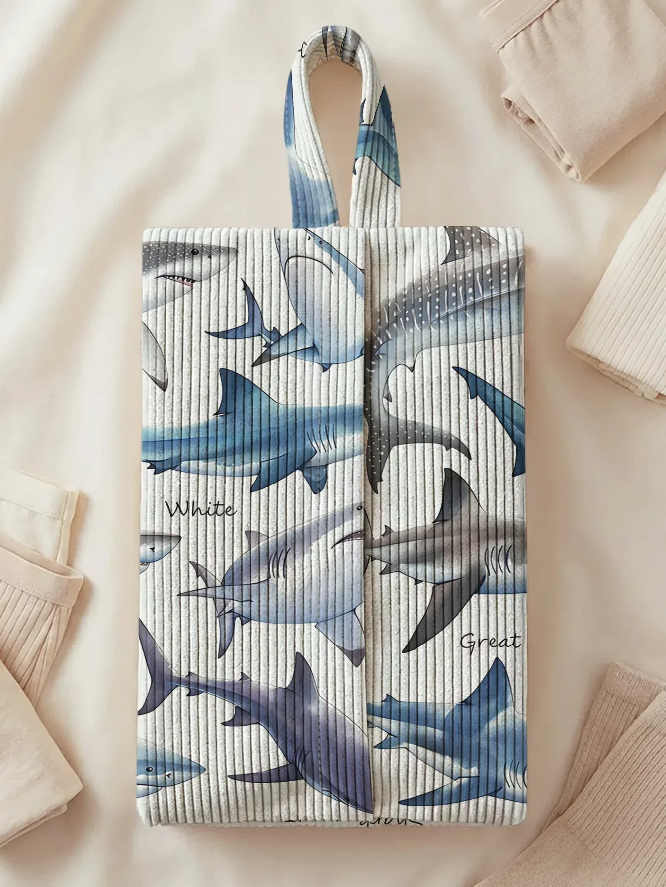 Shark Pattern Corduroy Vertical Storage Bag, Lightweight Handheld Organizer Pouch for Underwear, Socks and Small Personal Items