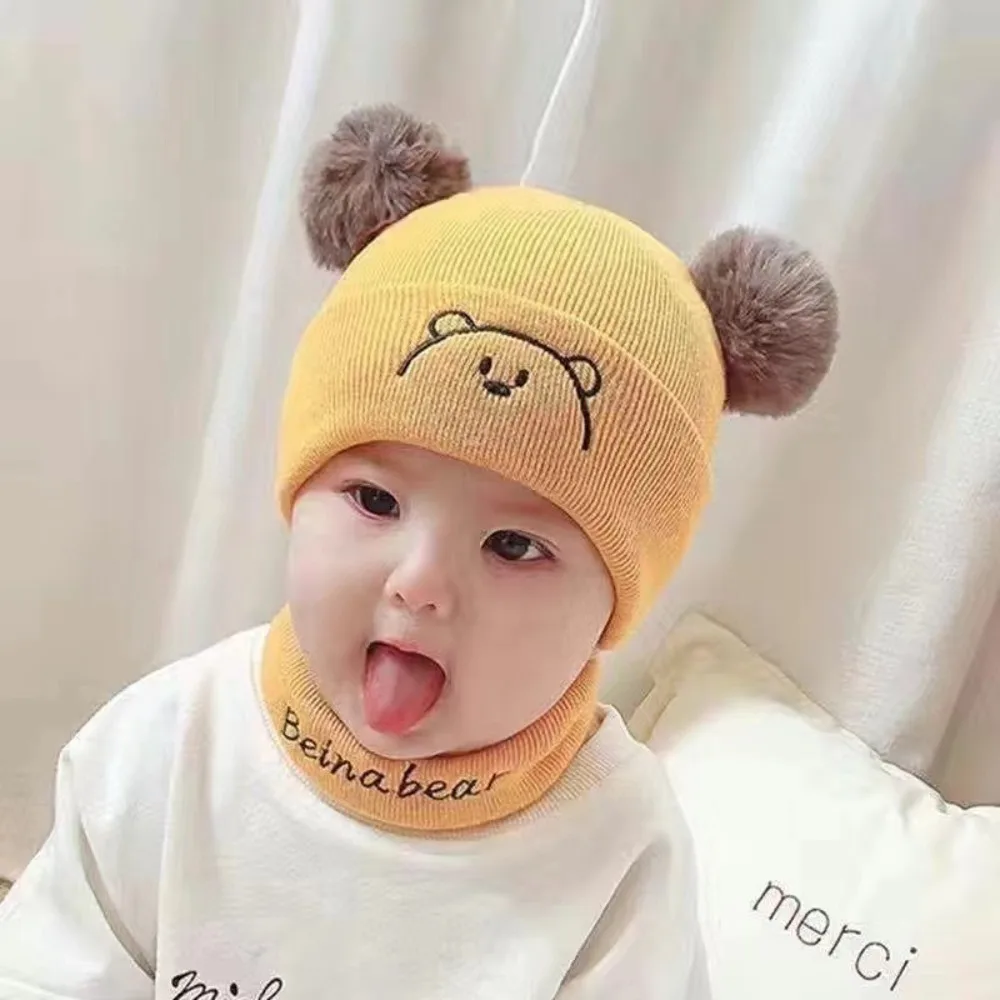 New Thickened Hat Scarf Set Winter Warm Cute Bear Pullover Hat Knitted Ear Protection Cap Outdoor