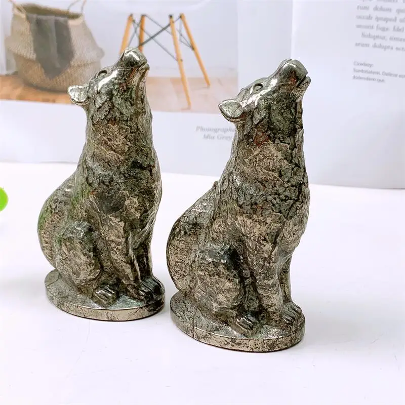 10CM Natural Pyrite Wolf Carving Handmade Polished Animal Powerful Statue For Home Decoration Lucky Gift 1PCS