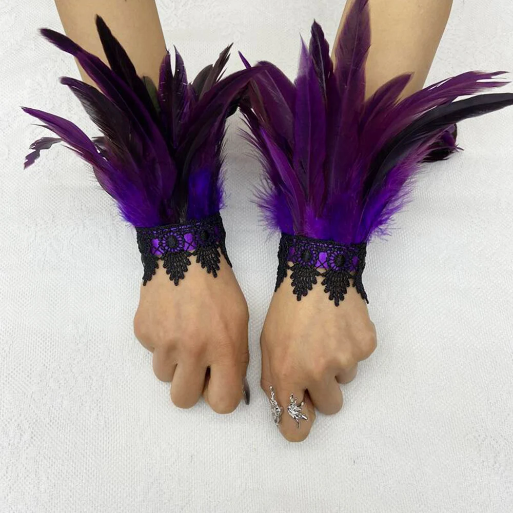 Mesh Sleeve Hook Finger Gloves Embroidery Long Lace Feather Gloves Stage Accessory Party Halloween Gothic Female Fashion Gloves