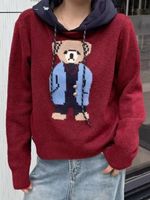 Fake Two Piece Cartoon Bear Hooded Pullover Knitted Sweater Women Autumn Korean Fashion Long Sleeve Knitted Jumper Sueter Mujer