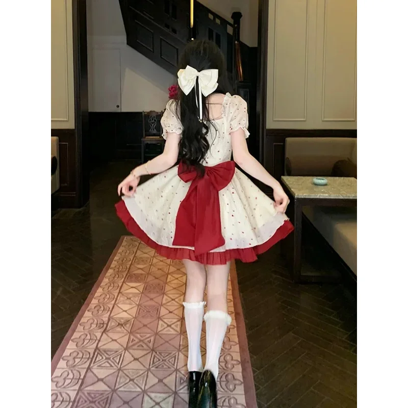 

CySummer Sweet Mini Dresse French Square Collar Princess Bow Short Sleeve Dress Women Elegant Party Vintage Dresses Vestidos 202