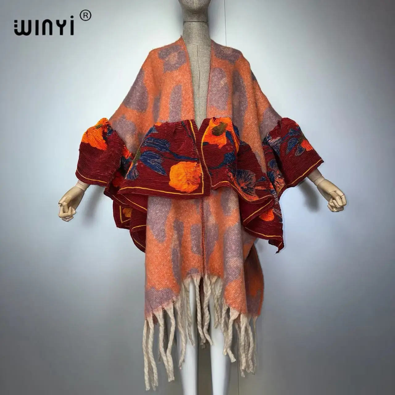 WINYI Boho Print Tassel Cardigan Poncho Cape Jacket Dubai Style Women's Winter Fashion Luxury Overcoat Female Abaya
