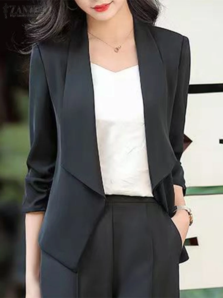 ZANZEA Women Lapel Collar Blazer Elegant Solid Color Office Cardigan Coat Fashion 3/4 Sleeve Irregular Commuting Thin Blazer