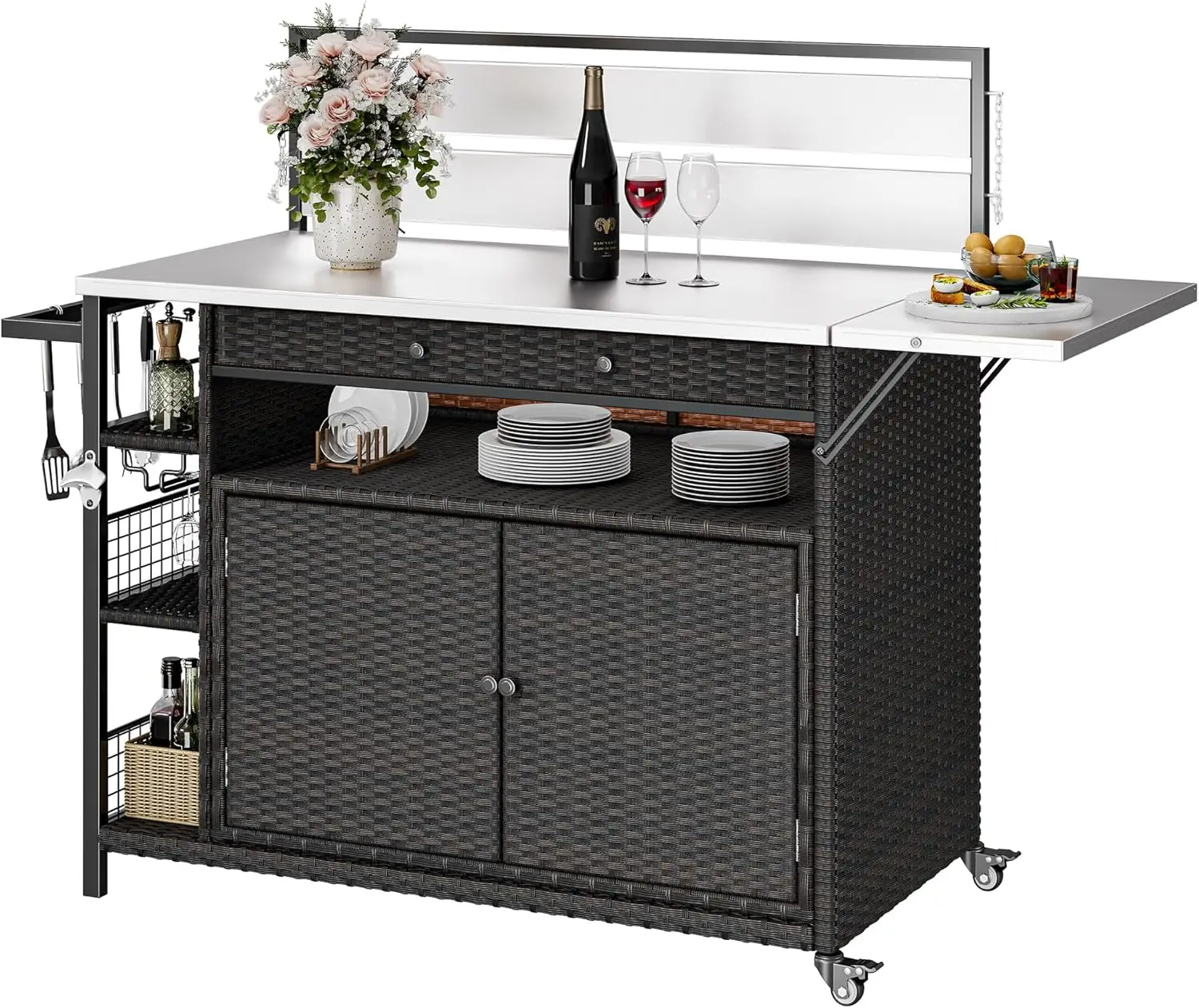 

XL Outdoor Bar Table & Storage Cabinet, Wheels and Stainless Steel Extended Table Top, Patio Bar Table with Side Handle for P