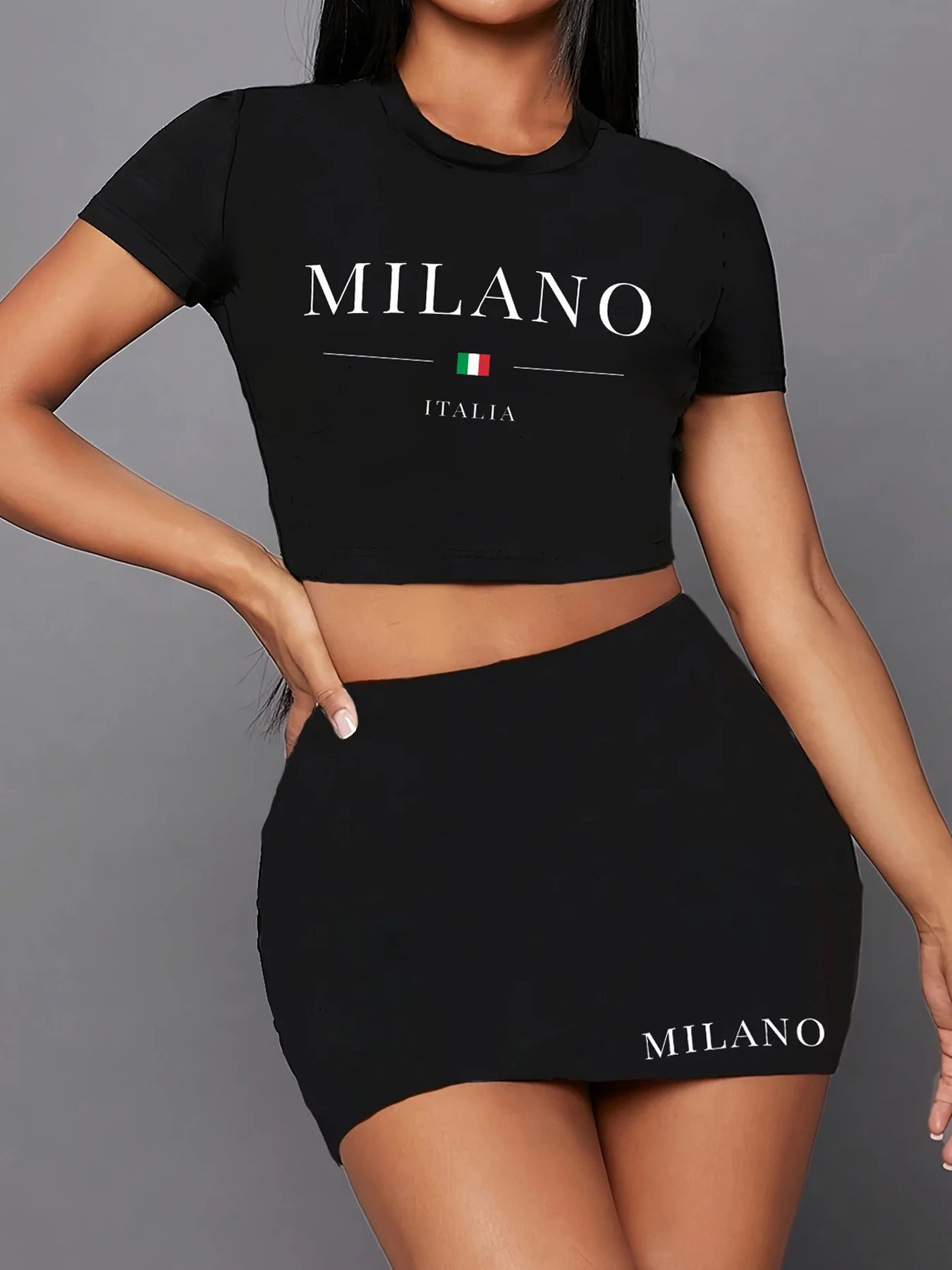 Italia Milano Milan Letter Print Two Piece Set, Short Sleeve Round Neck T-shirt & Skirts, Women\'s Clothing