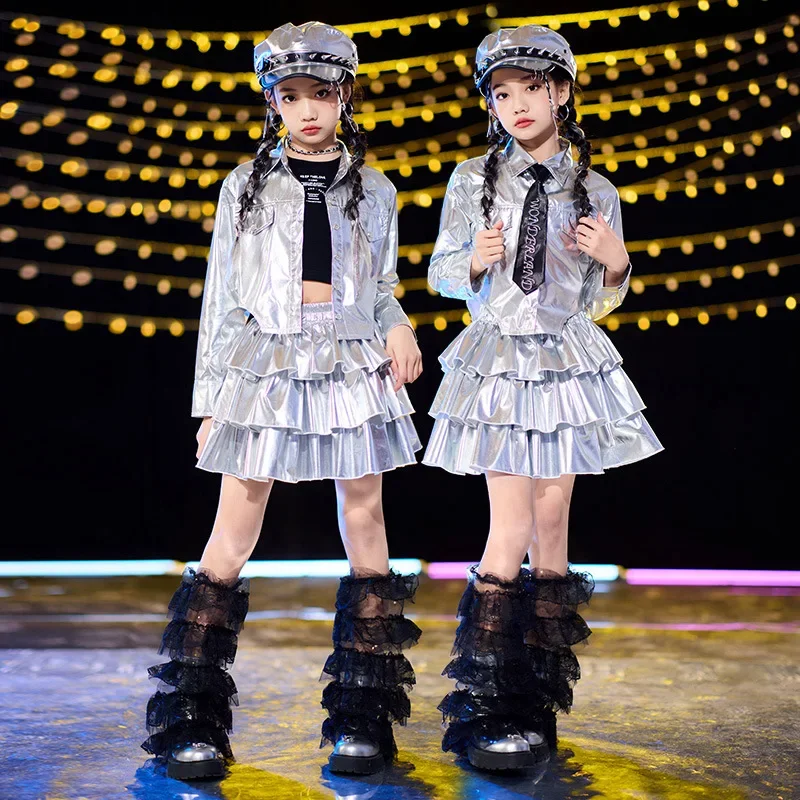 

Комплекты K-pop для девочек, серебряная укороченная куртка, многоуровневые юбки для уличных танцев, детская одежда в стиле хип-хоп, джаз, групповая одежда для девочек, детский уличный костюм