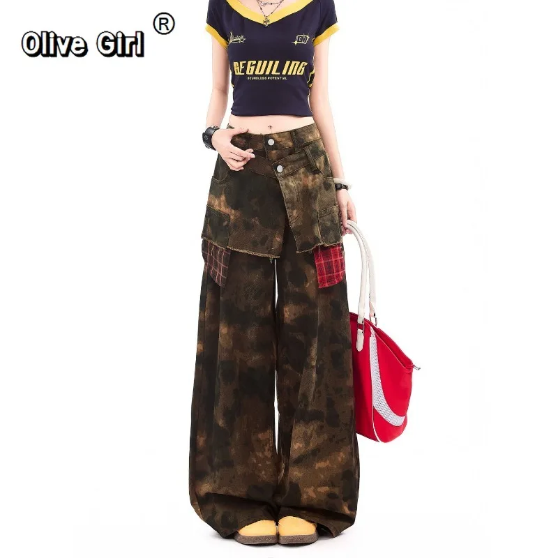 

Camouflage American High Street Checkered Spliced Jeans for Women Double Waistband Design Summer New Wide Straight Leg Pants