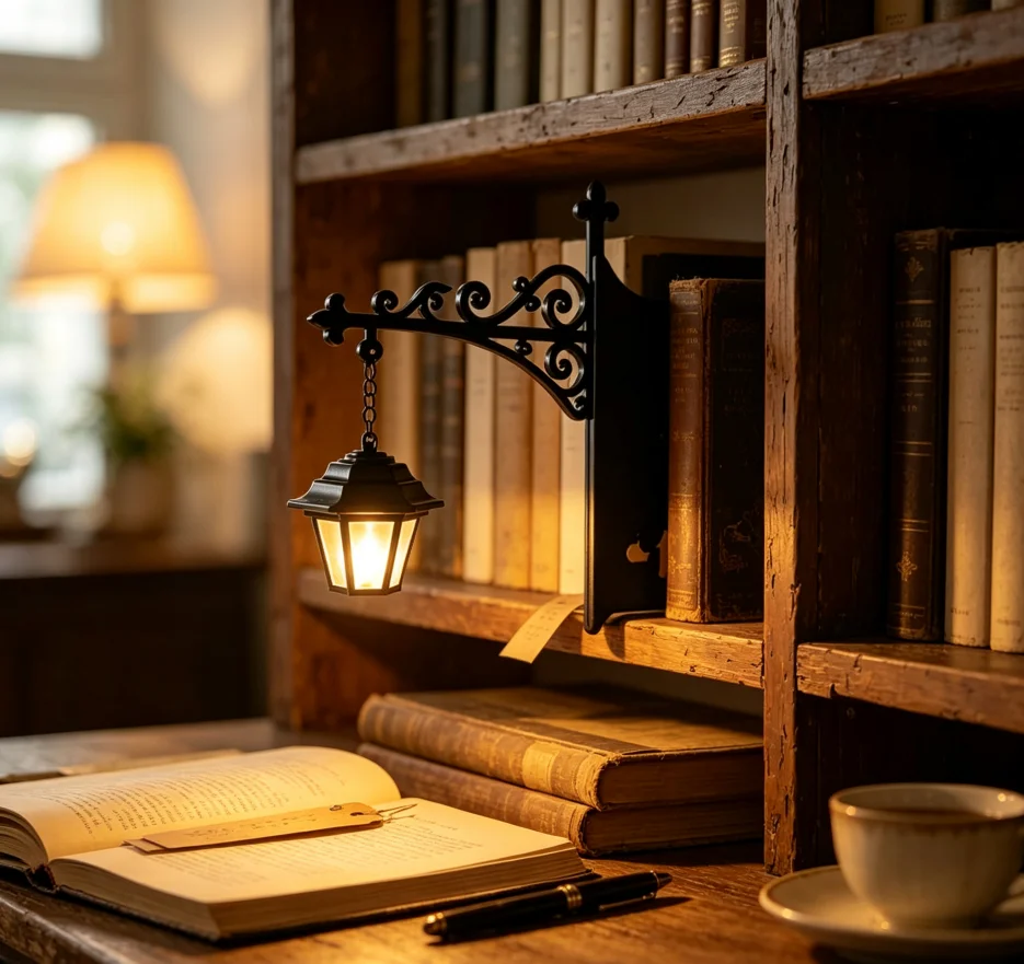 Vintage Lantern Night Light for Bookshelf, Black Metal Hanging Lamp with Warm Glow for Bedroom Study Reading Nook and Home Decor