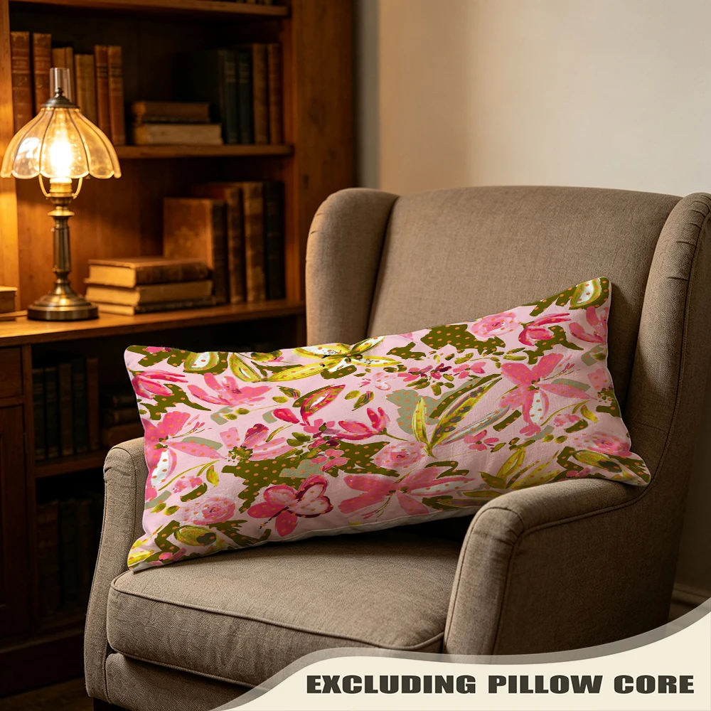 Pink Green Tropical Bloom Print Long Pillow Cover, Tropical Style, Loft Decorative, Polyester, Thank You Gift, Plush Feel