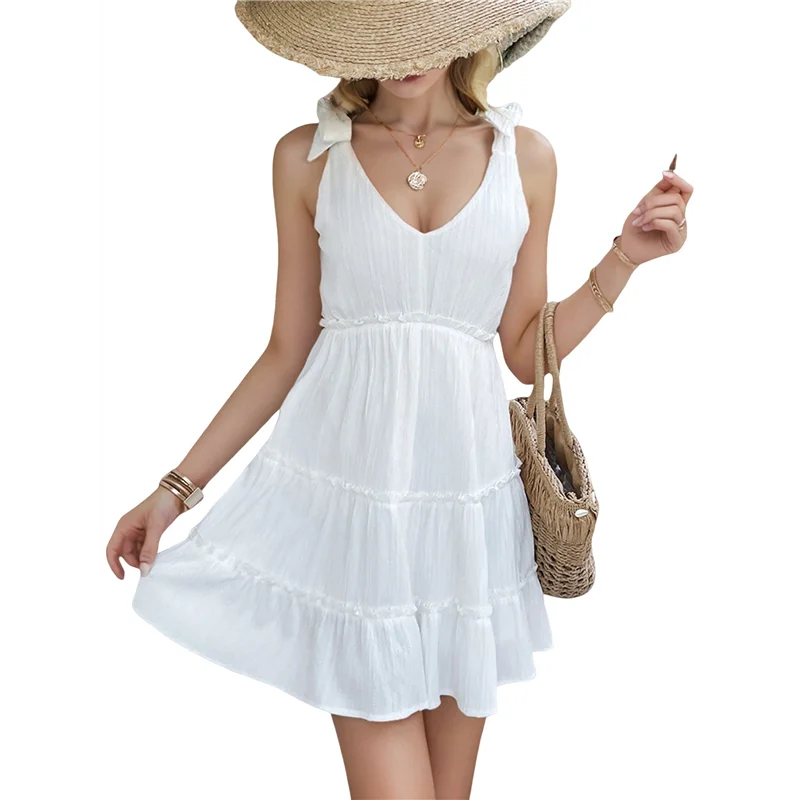 

Women's Tie Shoulder Ruffle Dress Deep V Neck Halter High Waist Layered Short Skirt Cute Babydoll Sundress