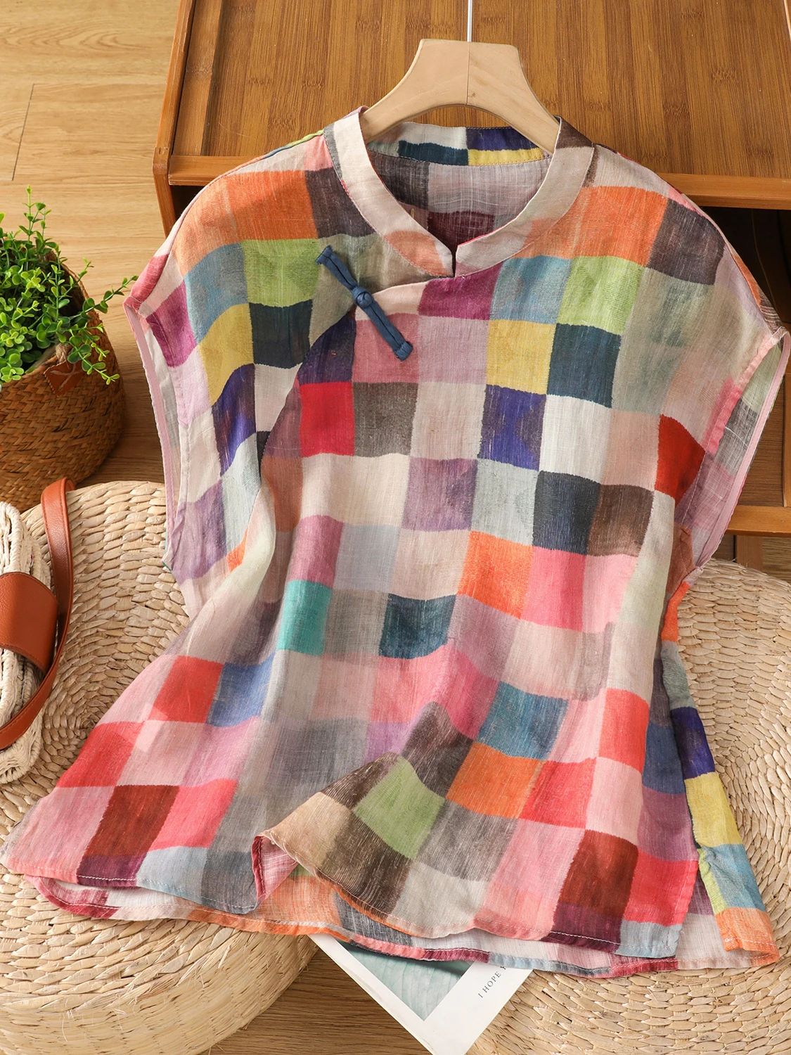 

New Chinese Sle Plaid irt Women's Summer 2025 Loose Faion Slimming ort Sve Top Vintage Commute Loose Fit Thin Mate...