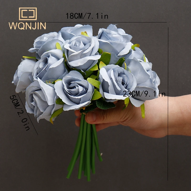 WQNJIN Künstlicher Blumenstrauß, 12 Köpfe, Seidenrose, blaue Blume, gefälschter Rosenbund, Hochzeit, Party, Zuhause, Tisch, Geschenk, Dekoration – Detail 3