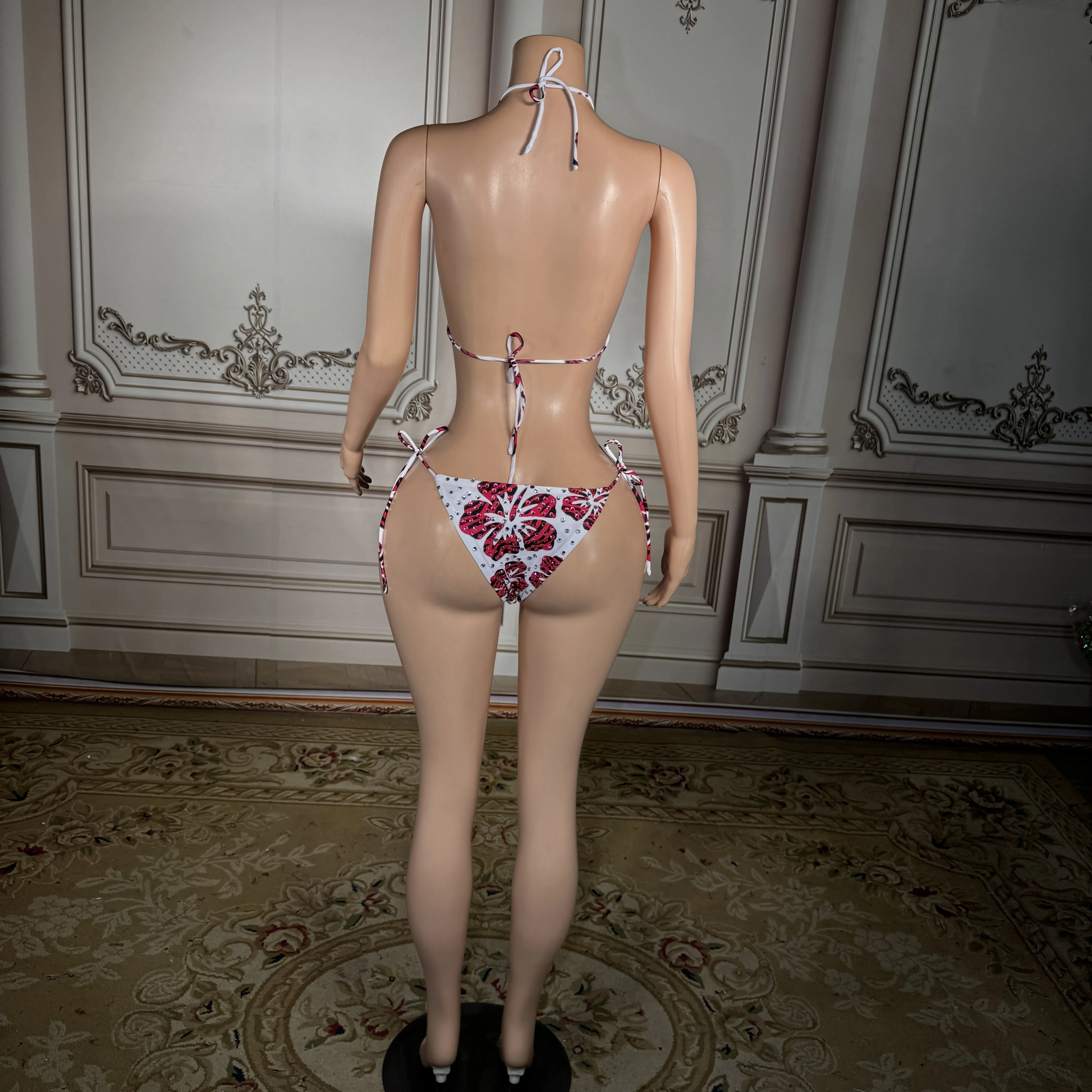 

ZD 2026 New pink rhinestone print drawstring backless sexy three-point suspender split swimsuit women high waisted bikini