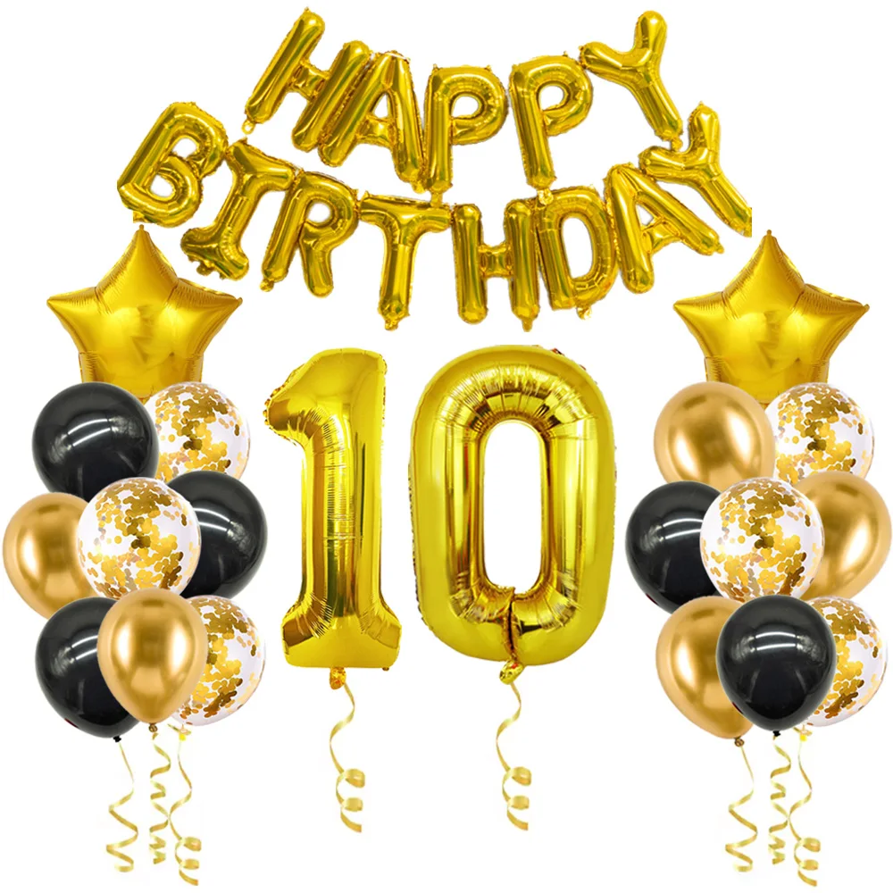 19 Stück schwarz-goldene Geburtstags-Zahlen-Kombinationsballons zum 10. bis 80. Geburtstag, Party-Dekoration, Mädchen, Jungen, Jahrestag, Geburtstagsdekoration