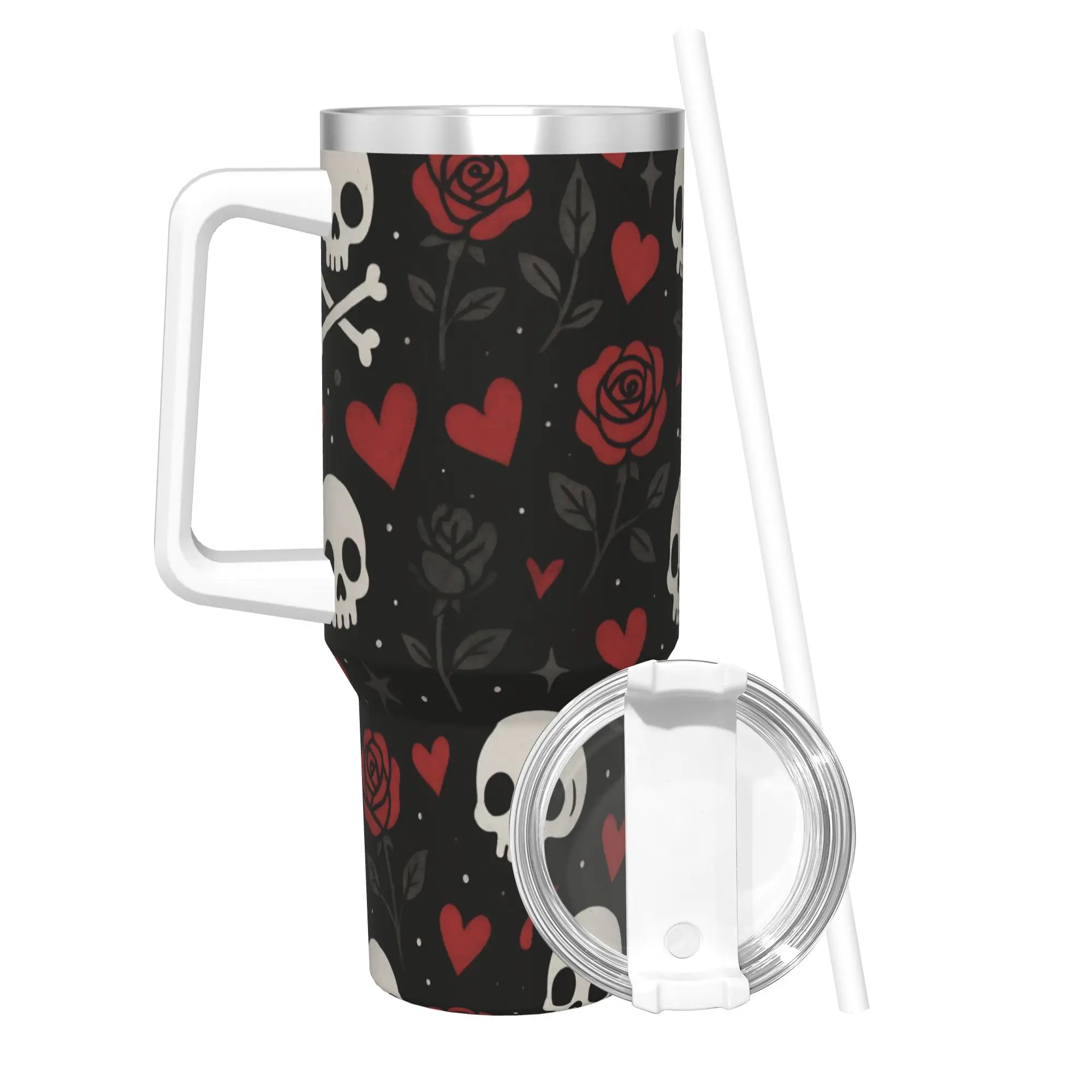 Halloween Skulls And Flowers Gothic Goth Tumbler 40oz Stainless Steel Double Wall Vacuum Insulated  Mug Cups With Straw
